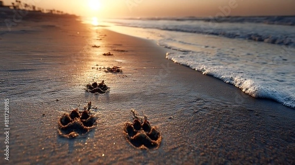 Fototapeta Dog paw prints lead along a sandy beach at sunset, capturing a serene coastal scene with the ocean waves and golden light, evoking a sense of peace