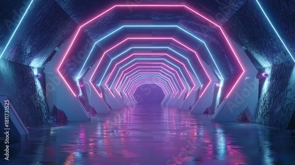 Fototapeta A futuristic tunnel illuminated by pink and blue neon lights