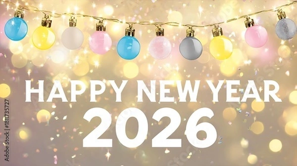 Fototapeta Happy New Year 2026 White Text with Pastel Fairy Lights and Bokeh