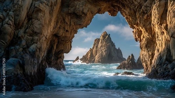 Fototapeta Dramatic view of a rocky island through a sea cave, with waves crashing against the shore, showcasing the raw power and beauty of the ocean