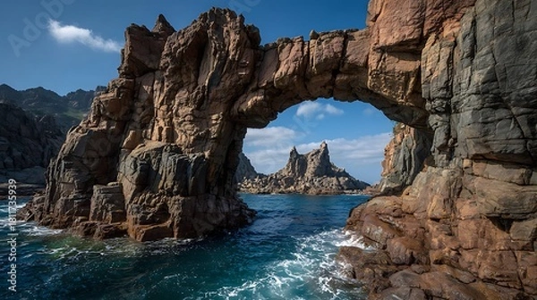 Fototapeta A natural archway carved by erosion through volcanic rock formations on the coast of tenerife, canary islands, spain, framing a distant rocky islet under a blue sky