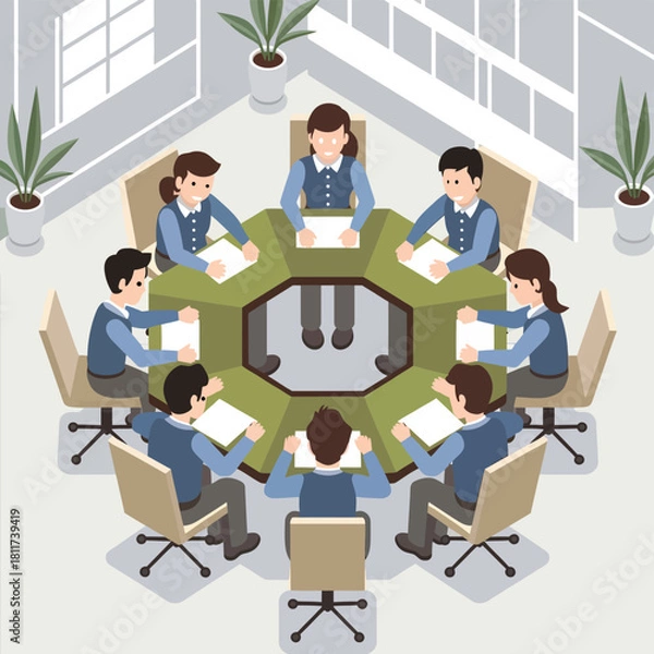 Obraz A group of isometric style business people men and women attending a corporate business meeting sitting around an octagon table