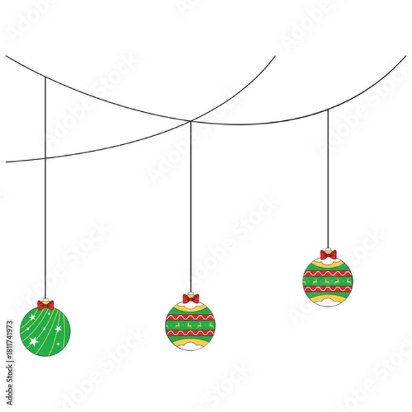 Fototapeta Vector hanging Christmas ball ornaments and string lights border