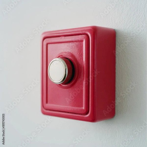 Obraz Red button on white wall, minimalistic design