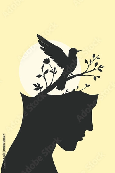 Fototapeta Surreal silhouette of a human head with a bird and blooming branches emerging from the mind, symbolizing healing, inner freedom, mental clarity, and emotional rebirth.