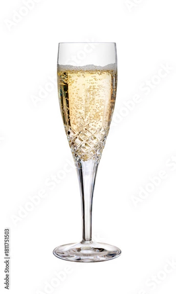 Fototapeta A glass of champagne, fizzy wine, as a birthday celebration or to celebrate the New Year with some fizzy bubbles on the top in a cut crystal glass, flute, isolated against a transparent background.