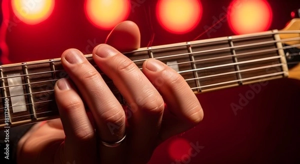 Fototapeta A close up view shows a hand playing a guitar with a red background.