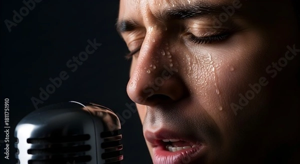 Fototapeta Closeup of a man sweating profusely while singing into a vintage microphone.