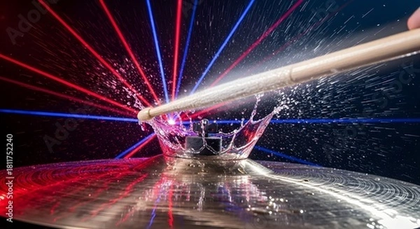 Fototapeta A drumstick strikes a cymbal creating a splash of water with red and blue light beams.