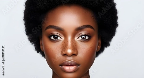 Fototapeta A beautiful woman with freckles and natural hair gazes at the viewer.