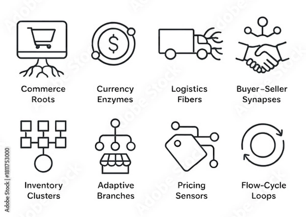 Fototapeta Stylized icons representing modern business and logistics concepts