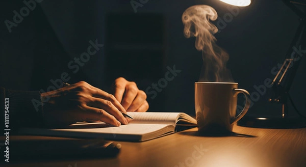 Obraz Hands writing in a notebook next to a steaming cup of coffee late at night.