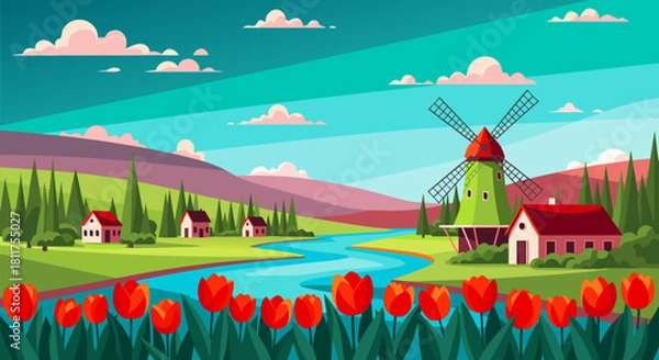 Obraz Dutch Countryside Landscape with Windmill and Tulips, Illustration
