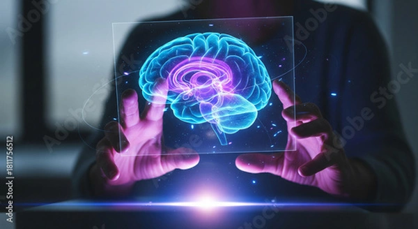 Obraz Neuroscientist hands manipulating a glowing holographic brain model for AI technology.