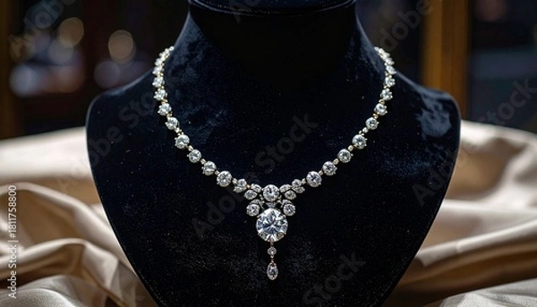 Fototapeta Diamond necklace with teardrop pendant on black velvet bust, set against soft golden fabric.