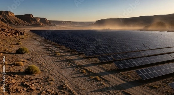 Fototapeta Solar farm in dry valley under dusk light, concept of ecology  