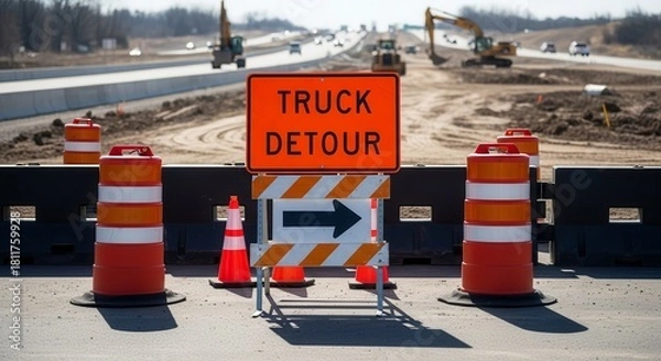Fototapeta Truck Detour Sign At Highway Construction Site, Showing Directions for Traffic Flows
