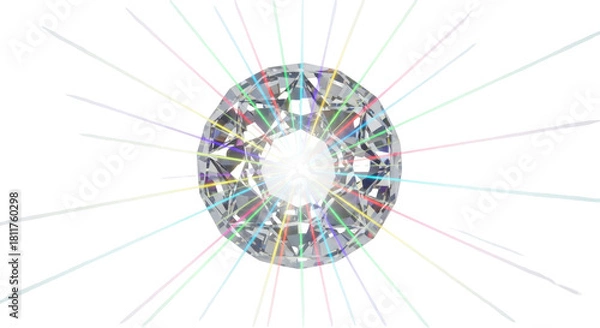 Fototapeta A brilliant-cut diamond gemstone sparkling with colorful light rays emanating outwards on a white background.