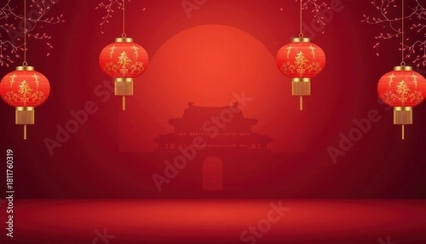 Fototapeta Elegant Chinese New Year celebration background with hanging red lanterns on a studio stage and a traditional gate silhouette