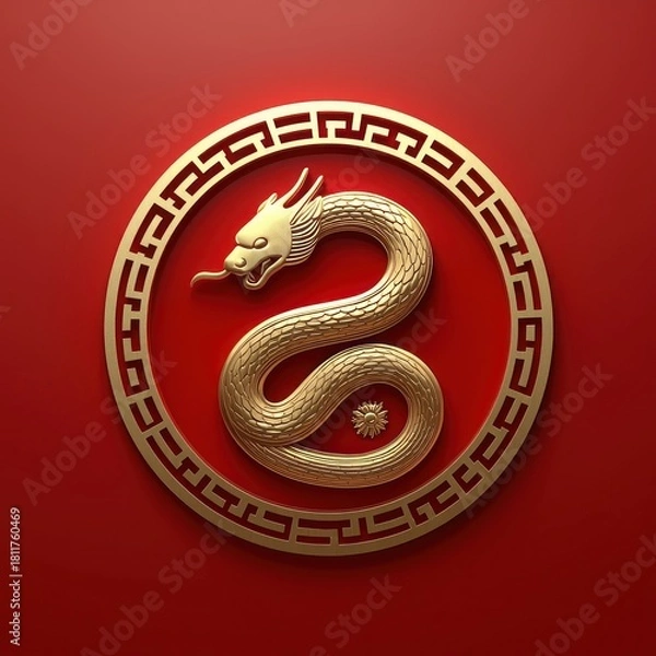 Fototapeta Golden Chinese Zodiac snake symbol in a traditional circular frame on a red background, representing the lunar new year