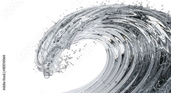 Obraz A dynamic and transparent water wave with splashes and droplets curling over against a clean white background, showcasing fluid motion.