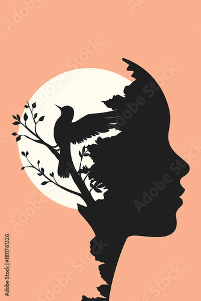 Fototapeta Silhouette illustration of a woman’s profile blended with a bird on a blooming branch, symbolizing inner freedom, healing, nature, and emotional growth in a serene, poetic composition.