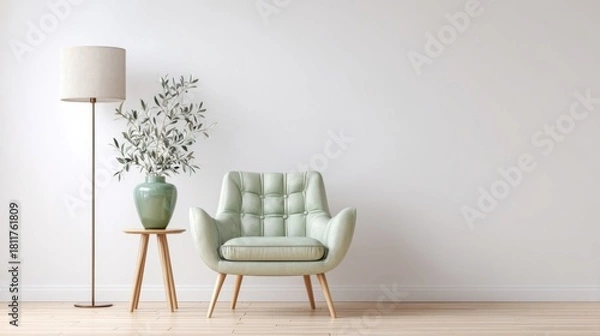 Obraz A pale green tufted armchair with wooden legs sits beside a round table holding olive branches in a tall vase,