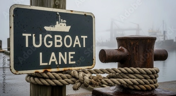 Fototapeta Tugboat Lane Sign At Dockside, With Foggy Background And Mooring Bollard