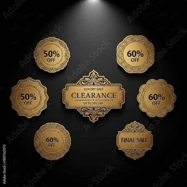 Fototapeta An elegant collection of golden luxury sale and clearance labels featuring vintage ornamental designs on a dark background