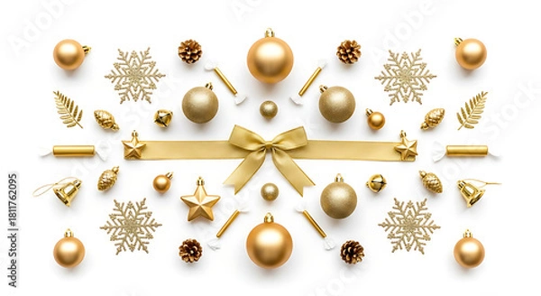 Obraz Luxury Gold Christmas Flat Lay On Pure White Background - Premium Minimal Style