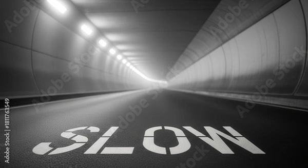 Obraz Tunnel Perspective With White Signage, Emphasizing Alertness and Safe Driving On Road