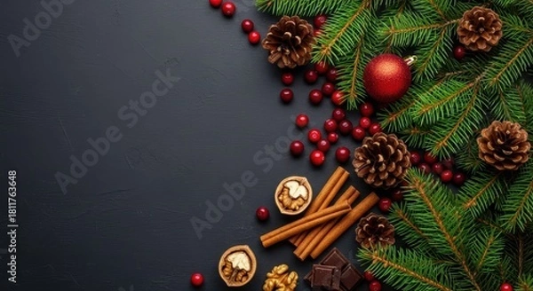 Obraz Festive Christmas arrangement with pine branches, cranberries, and spices on dark background