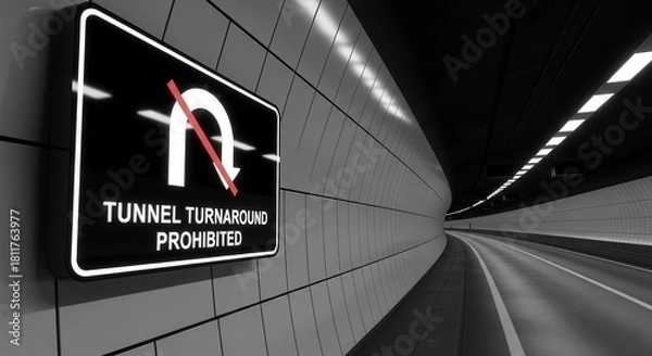 Fototapeta Tunnel Turnaround Prohibition Sign Against Dramatic Perspective of an Underground Passage