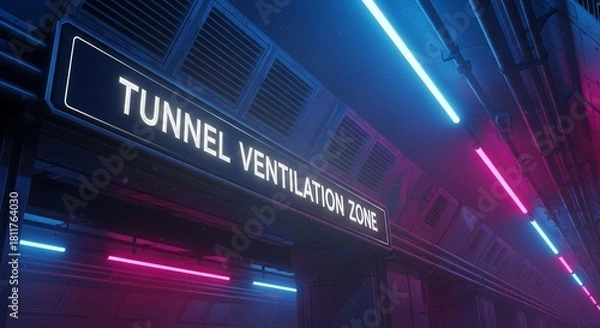 Fototapeta Tunnel Ventilation Zone Illuminated With Cyberpunk Style Neon Lights and Futuristic Detail