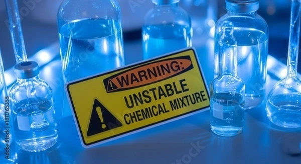 Obraz Unstable Chemical Mixture Displayed At Laboratory, With Glassware And Warning Sign