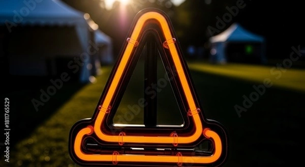 Fototapeta Vibrant Illuminated Warning Sign: A Glowing Triangle Sign in Natural Outdoor Backdrop