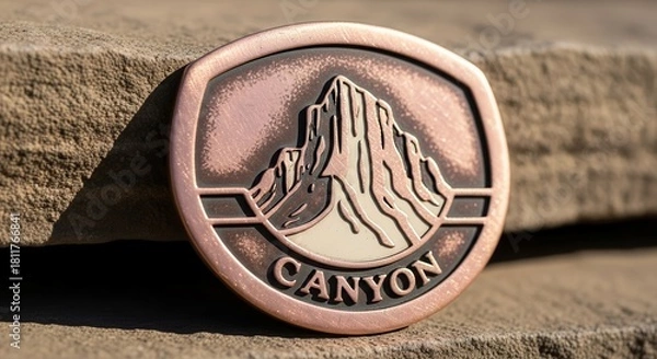 Obraz Vintage Canyon Badge Depicting Rocky Mountain Peak On Textured Stone Surface