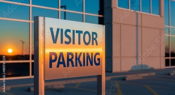 Fototapeta Visitor Parking Sign Illuminated By Sunset In Front Of Contemporary Architecture