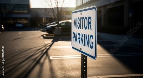 Obraz Visitor Parking Sign Near Modern Building in Afternoon Sunlight, Providing Clear Guidance