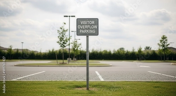 Fototapeta Visitor Parking Sign With Empty Spaces In An Overflow Lot On A Cloudy Day