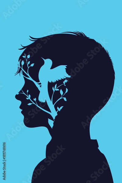 Fototapeta Silhouette illustration of a child’s profile filled with a bird and growing branches, symbolizing imagination, freedom, and emotional growth in a minimalist artistic style.