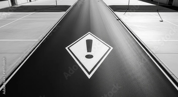 Fototapeta Warning Icon On Asphalt Roadway In Black And White Depicting A Hazard Zone