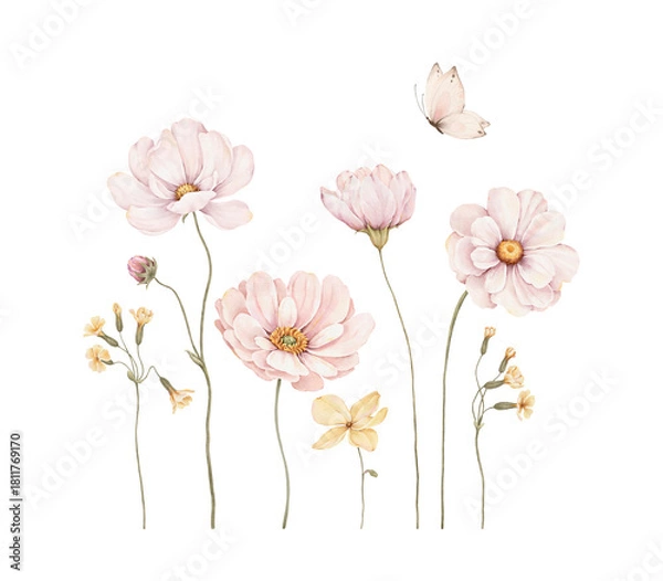 Obraz Watercolor set with delicate blossom yellow and pink flowers. Hand-drawn design composition for your cards, border, banners, poster or floral print. Isolated aquarelle illustration.