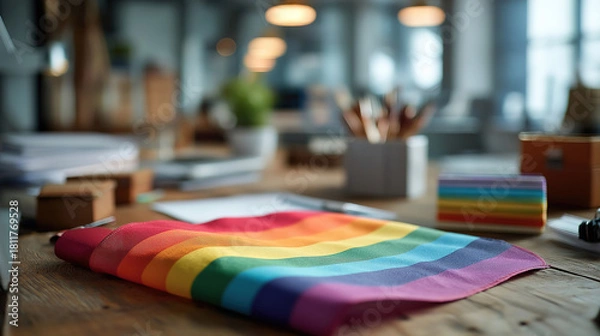 Obraz Pride transgender flag on office desk representing LGBT allyship inclusion and workplace equality
