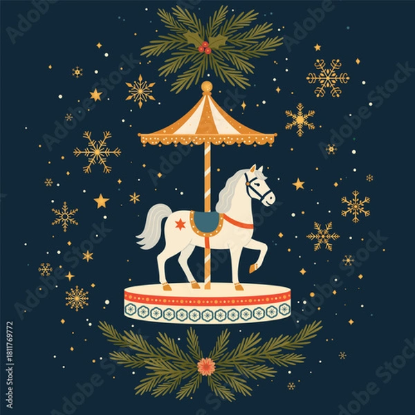 Fototapeta Festive vintage-style illustration of a carousel horse decorated with winter elements, snowflakes, evergreen branches and holiday details on a dark background. Cozy Christmas design, greeting card