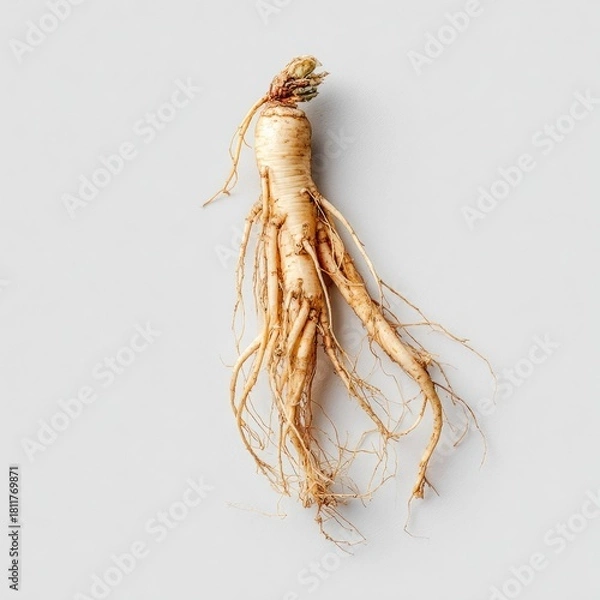 Fototapeta Single Ginseng root, light beige color,  sprawling roots on light gray background