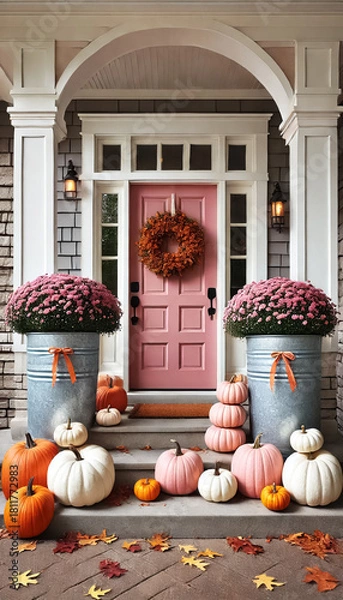 Obraz Charming Fall Porch with Pink Door and Stacked Pumpkins