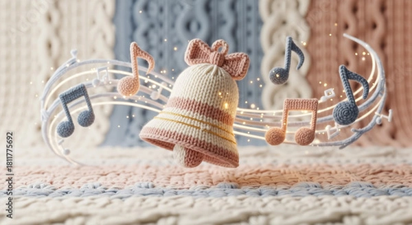 Fototapeta Knitted bell ornament with musical notes on textured background  