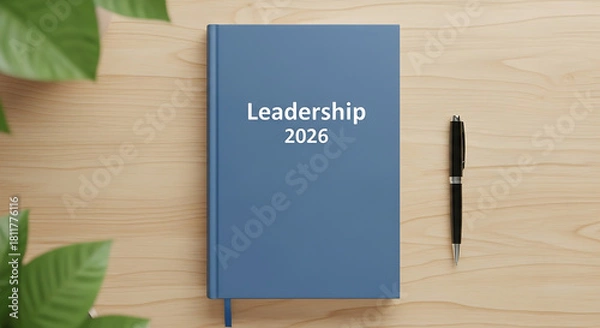 Obraz Clean, focused image of a blue Leadership 2026 book with an executive pen, set on light wood for business strategy and success.