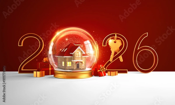 Obraz 2026 New Year design template with golden keys and a snow globe with a cosy house inside. 3D render illustration.